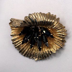Vintage Avon Gold-Tone Flower Brooch w/Black Rhine